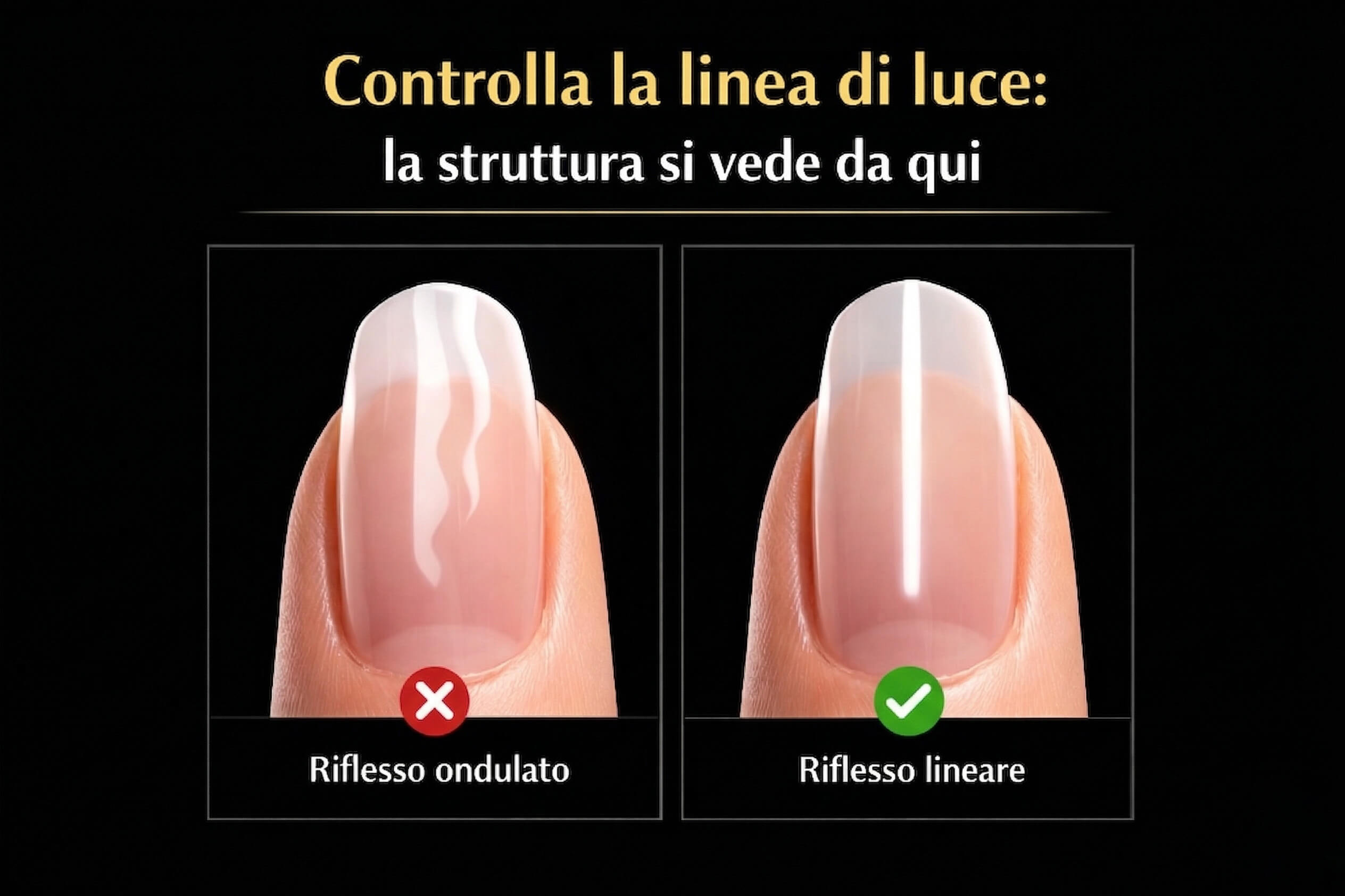 test linea di luce sulla ricostruzione unghie, confronto tra riflesso lineare corretto e riflesso ondulato che indica struttura sbagliata